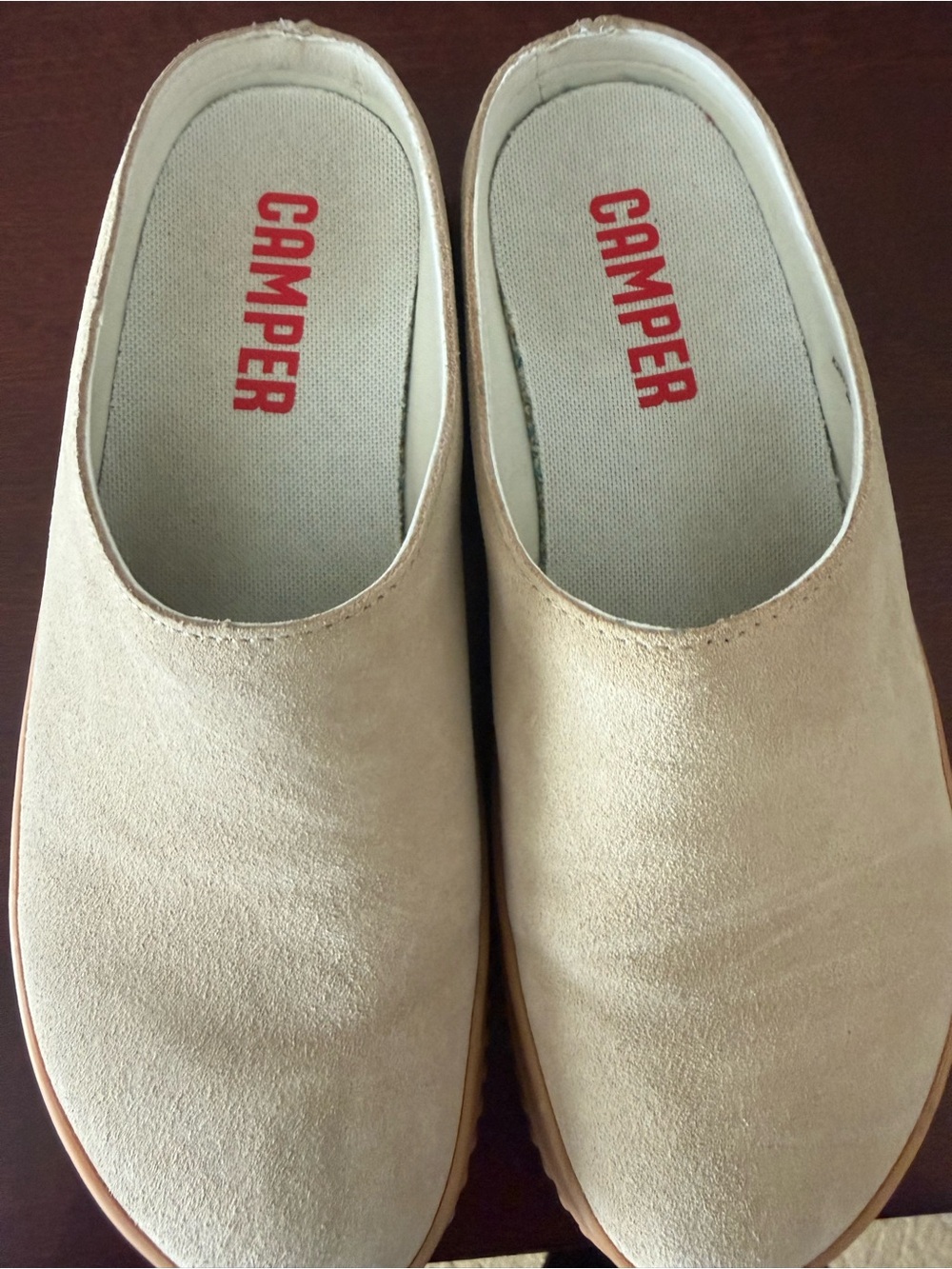 Camper Women's Beige Suede Slip-On Clogs